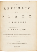 The Republic of Plato. In ten books. Translated from the Greek by H. Spens, D.D. With a preliminary discourse concerning the philosophy of the ancients by the translator