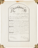 Ornate manuscript calligraphic broadside conveying the thanks of the Virginia [City], Nevada, unit of the National Guard to their counterparts in San Francisco, who had hosted the Nevadans on a visit to that city