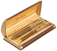 PARKER 51: Buckskin Beige Fountain Pen and Propelling Pencil Set, 14K Gold "EMPIRE" Caps, in Vintage Case