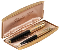 PARKER 51: India Black Fountain Pen and Propelling Pencil Set, 14K Gold "EMPIRE" Caps, in Original Case