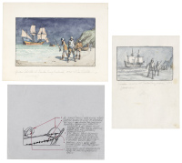 Preliminary sketches and notes for "Conquistadores landing" aquarelle with TLS