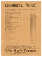 Price list of liquor available from the Owl-Tavern in Grass Valley, California