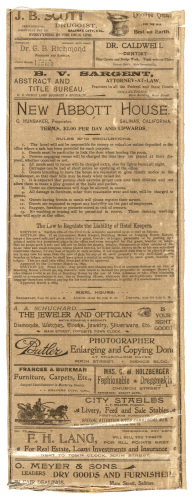 Advertisement on silk for the New Abbott Hotel in Salinas, California