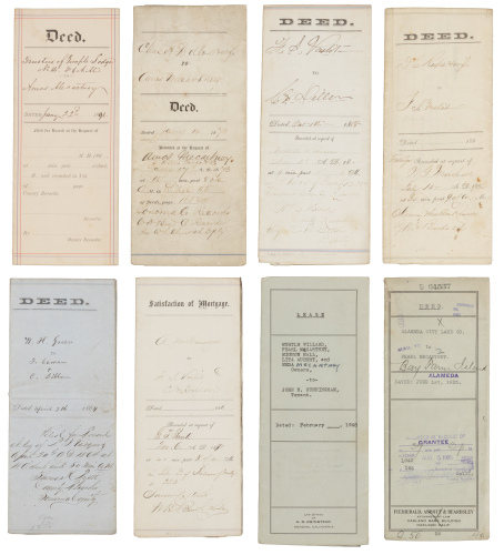 Archive of 12 deeds, indentures & related documents for land in Sonoma & Alameda counties, California