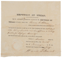 Republic of Texas. I Undersigned, Acting Secretary of State of The Republic of Texas, do Hereby Certify that James C. Allen... Chief Justice and Ex Officio a Notary Public for Refugio County...