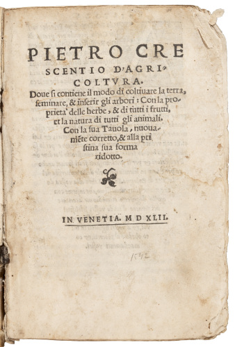 D'agricoltura. Dove si contiene il modo di coltivare la terra, seminare, & inserir gli arbori: con la propriet&agrave; delle herbe, & di tutti i frutti, et la natura di tutti gli animali...