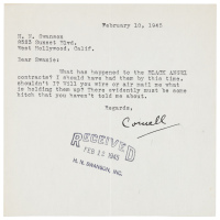 Typed Letter, signed by Cornell Woolrich to literary agent H. N. Swanson