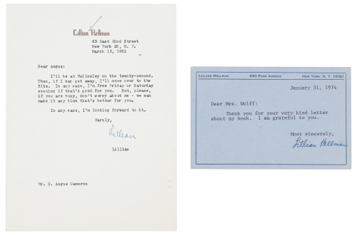 Typed letter and postcard signed by Lillian Hellman