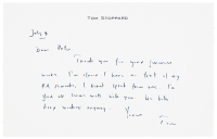 Handwritten thank-you card signed by Tom Stoppard