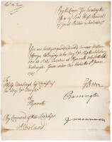 Manuscript discharge orders signed by George Anson as admiral