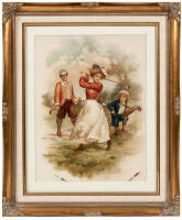 Stone color lithograph of a lady golfer - rare printer's proof