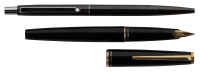 MONTBLANC: Black Resin Converter-Filler Fountain Pen [and] Grey Metal Button-Activated Ballpoint * Lot of Two Instruments