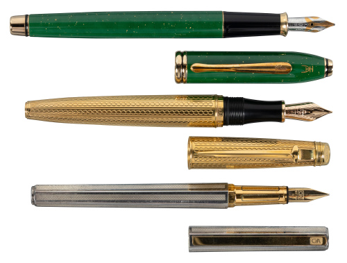 CARAN D'ACHE: Ecridor [and] "G" Fountain Pens [and] CROSS: Townsend Jade Green Fountain Pen * Lot of Three Pens