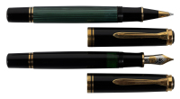 PELIKAN: R800 Green Striped Rollerball and M800 Black Fountain Pen * Lot of Two Pens