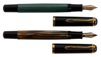 PELIKAN: M400 Brown Tortoiseshell and M400 Green Striped Fountain Pens * Lot of Two Pens