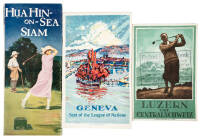 Five travel brochures for international destinations - golf illustrations on covers and within