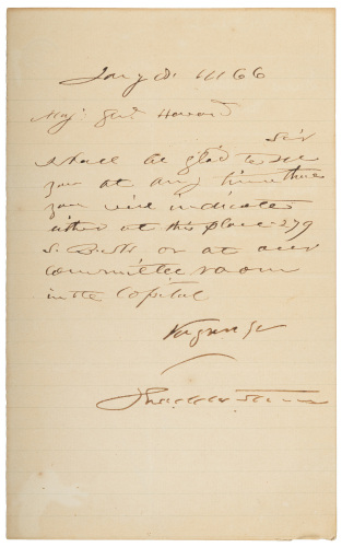 Note Signed by Republican Congressman Thaddeus Stevens to General O.O. Howard, Commissioner of the US Freedmen&rsquo;s Bureau