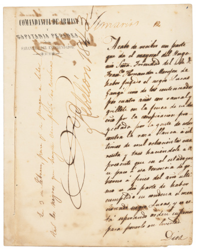 Manuscript report of escaped participant of 1843 slave uprising