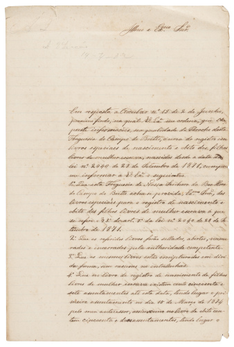 Letter from parish priest concerning the implementation of Law of the Free Womb 1882 in Brazil