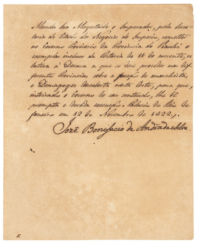 Decree from Jos&eacute; Bonif&aacute;cio de Andrada e Silva on the suppression of anarchists and demagogues