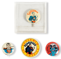 SUPERMAN Pinbacks * Lot of Four Pins Including 1939 ACTION COMICS Promo, PEP Pin, and SUPERMEN of AMERICA