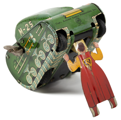 SUPERMAN Wind-Up Mechanical Turnover Tank Toy * Linemar, 1950s