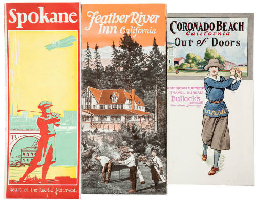 Four travel brochures for West Coast destinations, with golf illustrations and information on golf courses