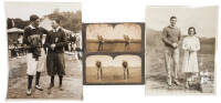 Two stereo views of James Braid golfing plus two publicity photographs of golfer Paul Gallico