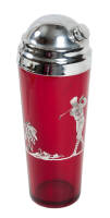 Red glass cocktail shaker with sterling silver onlay of a golfer