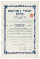 Large debenture certificate for £100 in Stableford & Company, Ltd., made out to Frank Barney Gordon Stableford