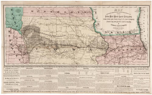 Map showing location of lands belonging to the Iowa Rail Road Land Company Iowa Falls, and Sioux City R.R. Land Company Sioux City, and Pacific Land Company & Elkhorn Land Company