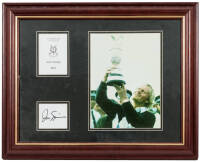 Jack Nicklaus autograph, framed with photograph of him hoisting the trophy for the 1978 British Open