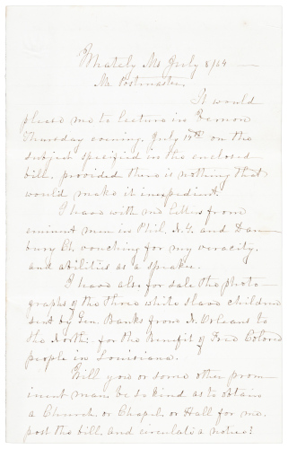 Letter from a professional woman anti-Slavery lecturer
