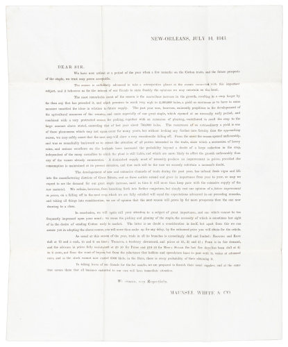 Printed newsletter to plantation owners about the depressed cotton crop during the economic recession of the 1840s
