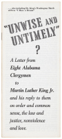 "Unwise and Untimely"?: A Letter from Eight Alabama Clergymen to Martin Luther King, Jr. and his reply to them on order and common sense, the law and justice, nonviolence and love