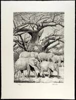 Original lithograph of an elephant herd