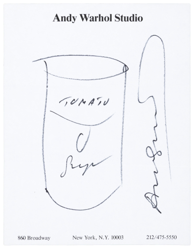 Original drawing of a soup can by Andy Warhol on Factory stationery