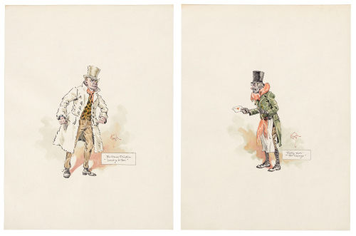 Two original watercolors of Dickens characters by "Kyd"