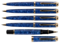 PELIKAN: Souveran K800 [and] R800 Blue o'Blue Special Edition Ballpoint and Rollerball Pens * Lot of Five