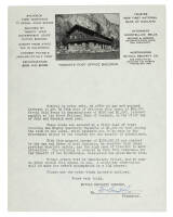 Letter from the Mutual Security Company offering for sale bonds to cover the construction costs of the Yosemite Post Office Building, on letterhead with a reproduced photograph of the building