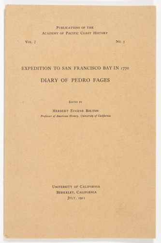 Expedition to San Francisco Bay in 1770: Diary of Pedro Fages