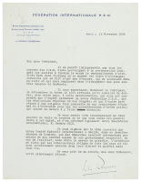 Typed letter signed by Jules Romains to President of France, Albert Lebrun