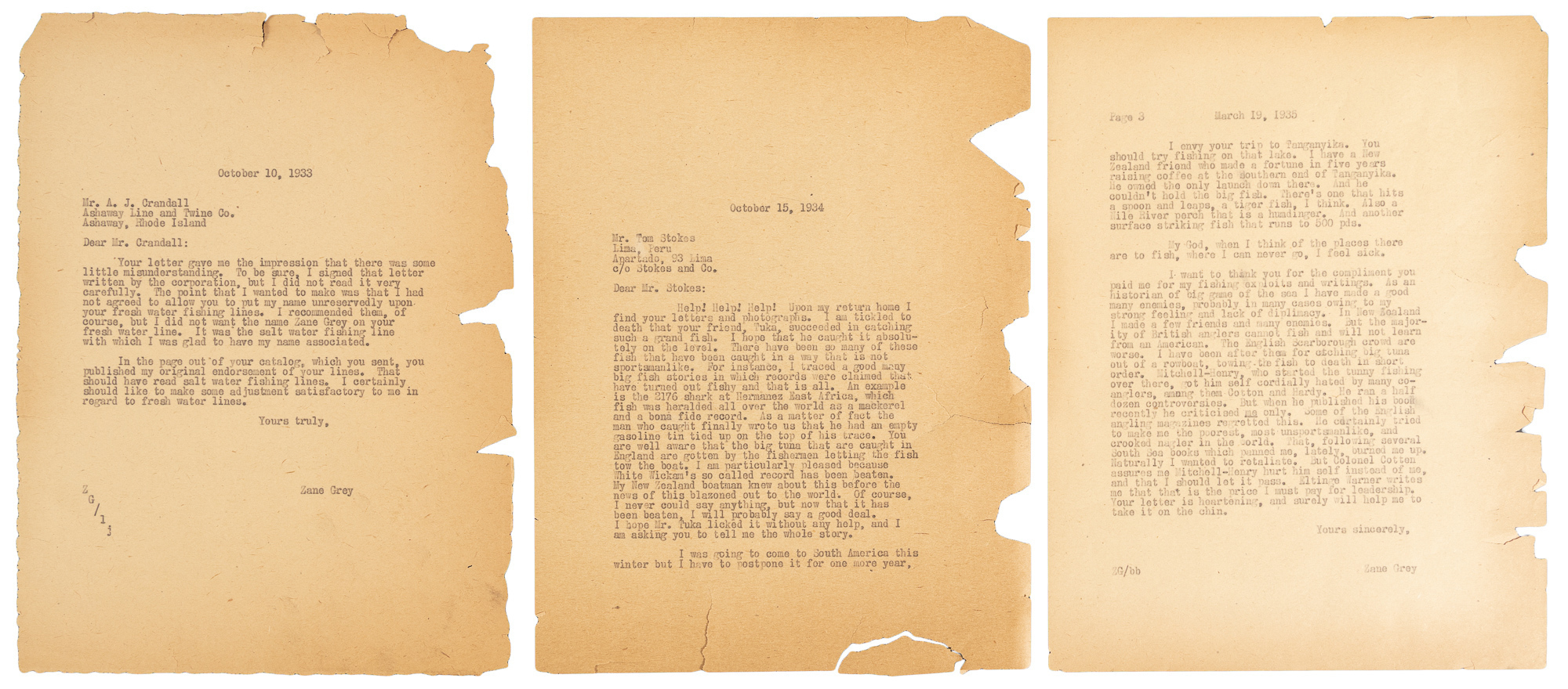 Collection of signed Zane Grey documents and ephemera