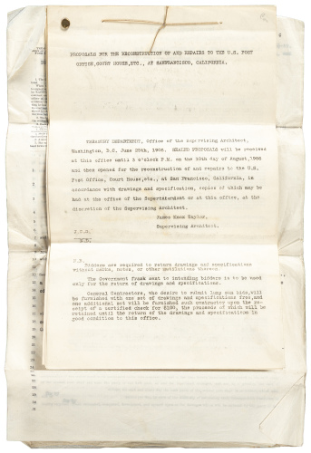 Proposals [and Contract] for the Reconstruction of and Repairs to the U.S. Post Office, Court House, Etc., at San Francisco California