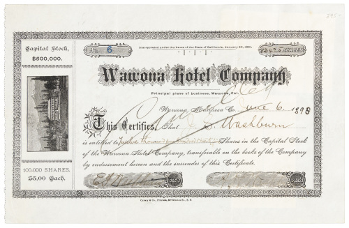Stock certificate for the Wawona Hotel Company