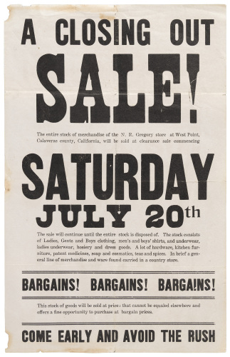 A Closing Out Sale! N.R. Gregory store broadside