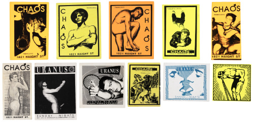 12 flyers and stickers for Club Uranus and Chaos, San Francisco gay club ephemera