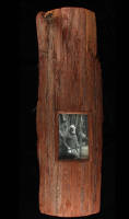 WITHDRAWN Photograph of Ansel Adams leaning against a redwood tree, which is mounted in a window cut out of a plank of a redwood with bark still present