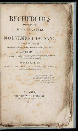 Recherches Experimentales sur les Causes de Movement du Sang dans les Veines
