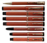 PARKER: Duofold Red Fountain Pens and Propelling Pencil * Lot of Eight Instruments